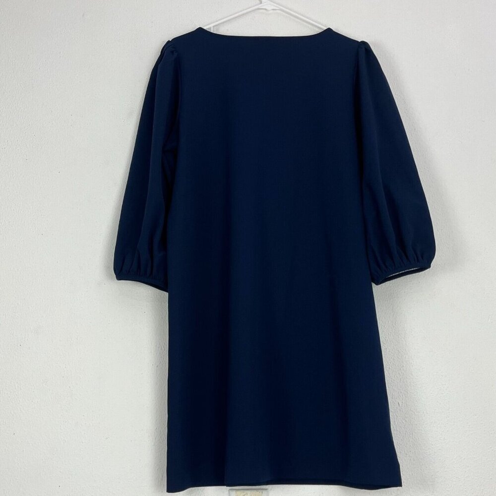 Ann Taylor Womens Shift Dress Large Petite Navy Blue Floral Puff Sleeve Stretch - Picture 2 of 5